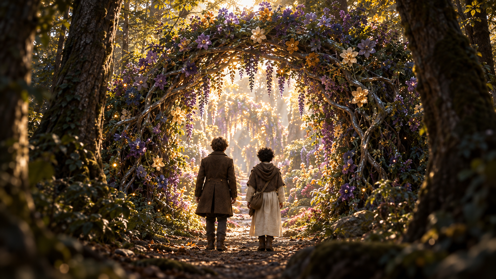 Justin and Waleed stand before a luminous arch of blossoms in the forest.