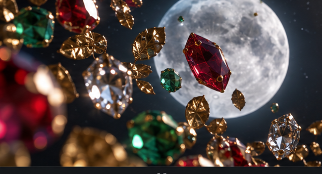Jewels and gold suspended in the air, glistening before a full moon.