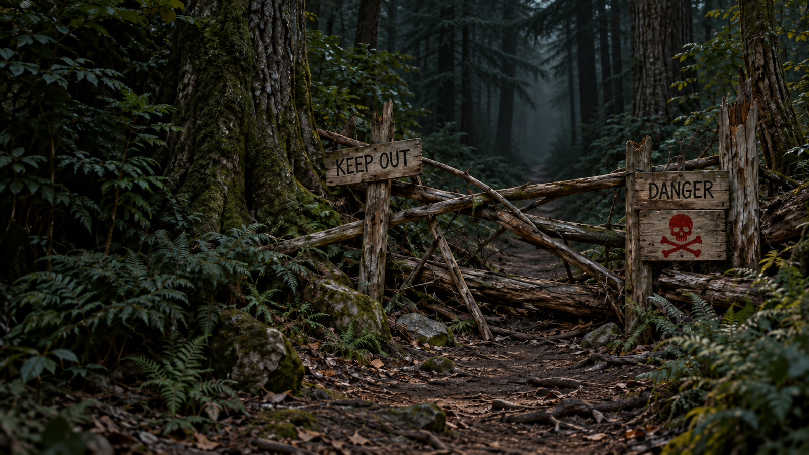 A timber barricade blocks a forest path. Wooden signs read KEEP OUT and DANGER, with a red skull-and-crossbones beneath. The path disappears into dark forest.