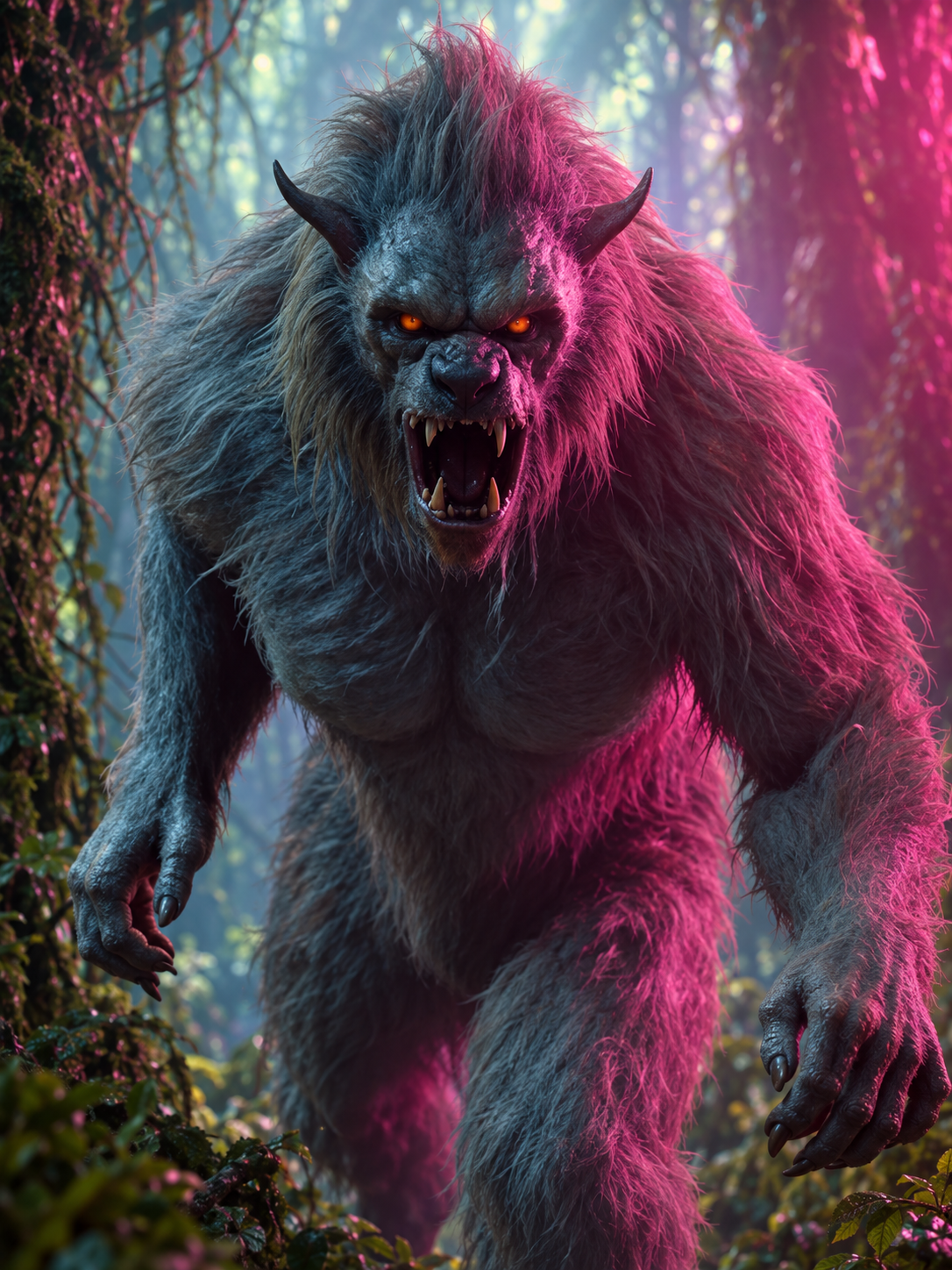 Hal in werewolf form, snarling beneath a gray mane in the enchanted forest
