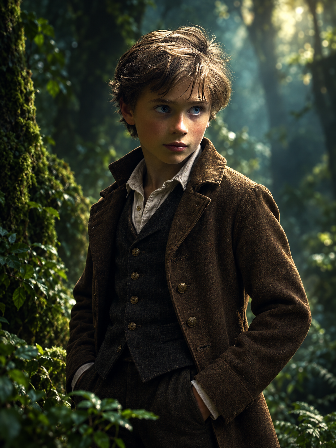 Justin in a brown coat and waistcoat, watching the forest with an assured expression